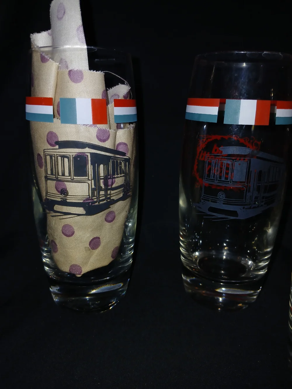 Vintage Tram-Print Tall Drinking Glasses in Red and Teal - Pair